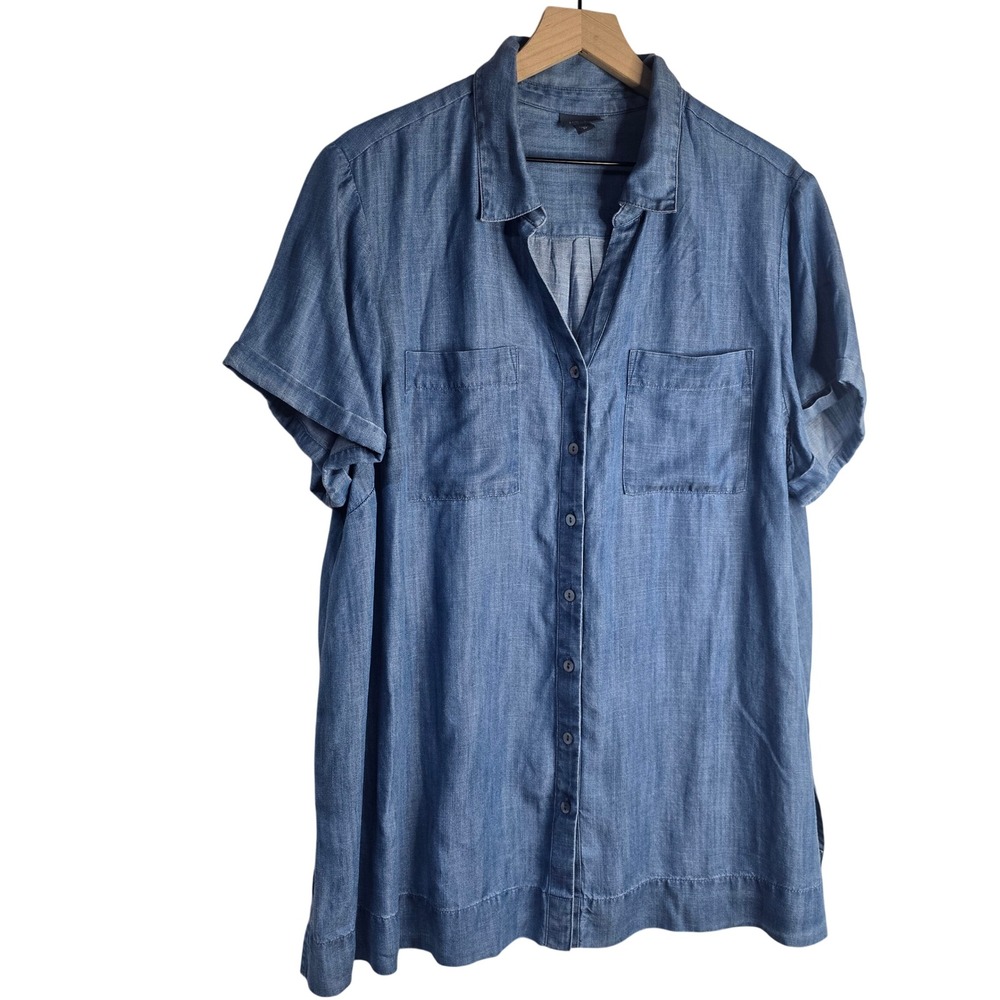 J. Jill Denim Short Sleeve Button Down Women 2X Blue Tencel Chambray Coastal Top